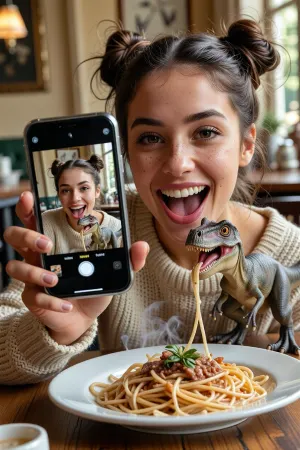 A photorealistic shot, young woman in a cozy café is showing a selfie she just took on her smartphone screen. Her chestnut-brown hair is pulled back into two tall, messy buns, (space buns), with a straight part, she has freckled skin and bright, expressive eyes, and she’s laughing joyfully. She’s wearing a comfortable knit sweater. She holds a modern smartphone with the screen facing the viewer. On the phone’s screen is a selfie taken a few seconds ago, in which the girl captured herself and her pet—a small, toy-like T-Rex—just as it snatched some spaghetti from her plate. In the live scene unfolding before the viewer right now, there is a white plate of spaghetti on a wooden table, and next to it, a small gray-green tyrannosaurus with its mouth open, a pink tongue, and sharp teeth continues to eat calmly, a long strand of spaghetti hangs from its mouth, while the girl laughs as she shows the viewer the selfie she just took. Background, a cozy café with a lamp hanging from the ceiling, a framed painting on the wall, and a large window on the right letting in daylight with a soft side light. Mixed warm lighting, high detail in the skin, freckles, sweater knit, the dinosaur’s skin, and the steam rising from the hot spaghetti, live-action photo style, selfie, photorealistic, high resolution