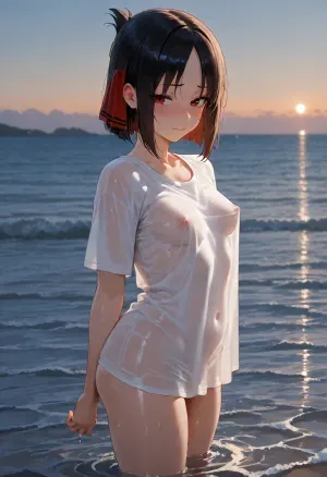 kaguya shinomiya, small breasts, standing in sea, hip-deep water, oversized wet white shirt, far from the viewer, she is looking at sky, nipples visible through shirt, blushing, embarassed