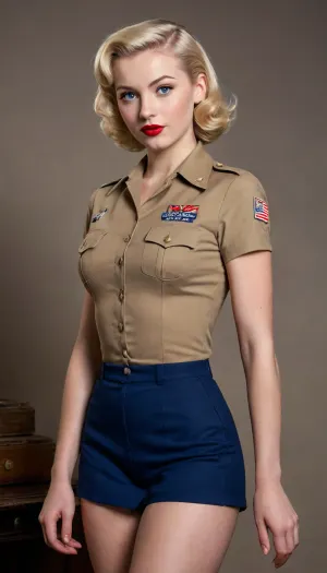 fully clothed pretty beautiful 18 year old pinup girl photograph, short blonde hair in 1940s style, named Greta, with pale skin and large expressive bright blue eyes, very skinny, tiny breasts, petite figure, lusty red lipstick, sexy, ultra realistic blonde pinup girl, realistic sexy pose, uniform cute, patriotic propaganda, ww2 war moral poster, one girl, European, very sexy, full body view