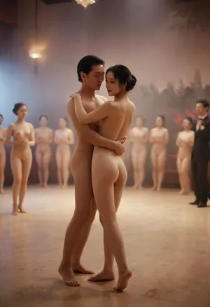 Cinematic, broadcast television coverage, Ballroom dancing competition, only one couple is naked, other dance partners watch the nude couple.All the people are Chinese people., yeonhwa, <lora:LoRA-girls-sdxl-v4:.8>, <lora:CC_v2.0_XL:.8>