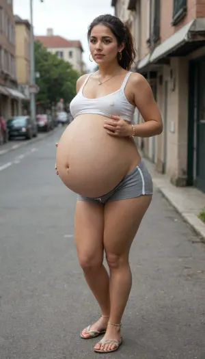 Full body in view, wide shot, 35 year old mature chubby curvy sexy Latina milf with small tits, brown eyes, brown hair with blonde highlights pulled back into ponytail with messy bangs, wearing makeup, slight face wrinkles, she has very wide hips with a very wide bbl ass, very small tits, she has thick voluptuous short leg with thick calves, she has a beautiful perfect round bubble butt, very small boobs, small natural breasts, Latina tits, mature small milf breasts, she has beautiful thick wide ankles with beautiful feet and perfect toes, painted toe nails, painted nails, wearing gold necklace, wearing dangly earrings, wearing a tight small white crop top with no bra underneath, wearing small grey gym shorts, wearing flip flops, wearing sandals, barefoot, ankle bracelet on, on her knees, looking busy, slightly standing to the side, (pregnant 9 months:1.9)