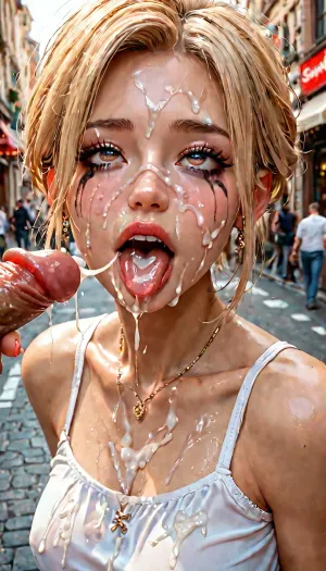 A beautiful Asian girl shows her face covered in semen. vulgar face. ohegao. stuck out her tongue. mascara ran. lots of semen on the face. bukkake. crossed eyes. a street full of pleasure. a blonde girl is naked. a man’s hand is holding the girl by the neck.