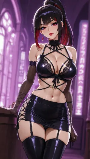 Melkor mancin meet markgavatino style, (((large purple anime eyes, purple eyeliner))), Asian Filipina slut wife in club lingerie street clothing, long lashes, red lipstick, 25 years old cutie, muscular toned fit girlfriend, (short petite height), ((purple background, lurid neon blurry background)), black slick hair in high ponytail with bright red highlights, warm strong lighting, ((showing off her elegant body curves)), futa penis bulge under skirt, thick long boots
