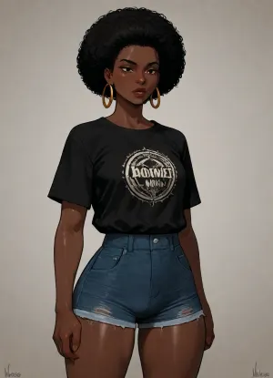 Ebony-skinned West-African woman, black-woman young, black-person afro, nose wide flat, thick lips, dark skin, baggy black shirt tucked into jean shorts tight, wide torso, Incase Style black-woman, simple white background