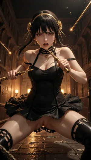 Yor Briar, 36 years old, adult woman, yelling, angry face, black hair, red eyes, black Thorn Princess outfit, red lining, torn revealing clothes, exposed pussy, light on pussy, light reflection, pussy highlighted, wielding dual knives, dual combat knives, dim light, red lights, attack pose, in sewers, pipes on walls, green water flowing from pipes, waste, fight, stance, drunken, fist, yor_briar, red_eyes, black_hair, gold_hairband, hair_flower, bangs, hair_between_eyes, short_hair_with_long_locks, L4rg3, s3w3r, p1p3, <lora:drunken-fist03:.8>, <lora:yueerfujiex_xl:1>, <lora:L4rg3_s3w3r_p1p3:.5>, <lora:detailed_notrigger:.8>