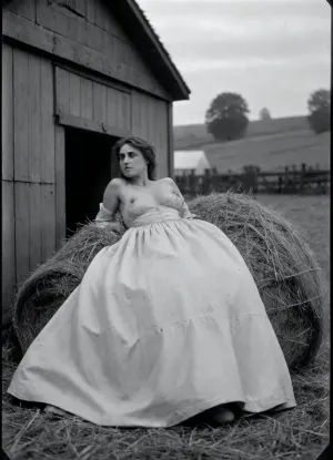 black and white vintage photo, explicit, Victorian England, the old stable in the village, dusk, the door to it is open, inside you can see a rough horse stalls, hay, ((A woman lying on a pile of hay)), (((the top of her dress is pulled down, exposing her small breasts))), monochrome style, <lora:victoriansxl_v1:.5>, <lora:old_world:.5>, <lora:2BoutOvalSDXL2-000002:.9>