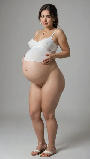 Full body in view, wide shot, 35 year old mature chubby curvy sexy Latina milf with small tits, brown eyes, brown hair with blonde highlights pulled back into ponytail with messy bangs, wearing makeup, slight face wrinkles, she has very wide hips with a very wide bbl ass, very small tits, she has thick voluptuous short leg with thick calves, she has a beautiful perfect round bubble butt, big boobs, small natural breasts, Latina tits, mature big milf breasts, she has beautiful thick wide ankles with beautiful feet and perfect toes, painted toe nails, painted nails, wearing gold necklace, wearing dangly earrings, wearing a tight small white crop top with no bra underneath, wearing flip flops, wearing sandals, barefoot, ankle bracelet on, on her knees, looking busy, slightly standing to the side, (pregnant 9 months:1.9)