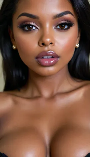 (1woman), 28 years old, ((curvy body)), Close-up girl, latin woman, curvy, ((dark skin)), ((round face)), (((brown skin))), (((full lips))), kissing mouth, lavanda lipstick, closed mouth, lipgloss, small cute nose, standing, face, (((round medium breasts))), (((straight long black hair))), (((oiled skin))), (detailed black eyes), (((slut makeup))), .
She is givin a kiss, she is not looking the camera, nose earring, round earrings, (high resolution image), (perfect face), sexy, beauty, (ultra realistic:1.7), (maximum quality:1.5), (high resolution:1.7), (extreme detail:1.5), (ultra realism:1.6), 8k, he, photo was taken by Canon Eos, (maximum detailed skin:1.6), (((I was offended))), melanin, <lora:BUT_SDXL_SHS:.8>, <lora:melanin-XL:2>