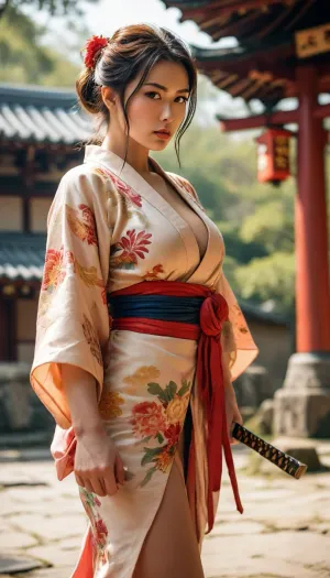 (cleavage), (toned legs), Street Fighter, high noon outside a shinto temple in ancient japan, beautiful woman warrior square off in katana fight, preparing to battle, (open kimono), (((cleavage))), (large natural breasts), Chun, <lora:MJ52:.9>, <lora:Chun-Li-SDXL:.4>