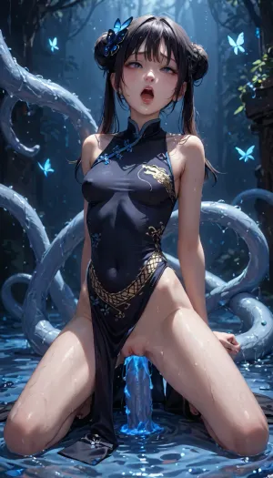Ryuuge Kisaki, Blue Archives series, solo, black hair, (intense shocking orgasm face, mouth wide opened), screaming orgasm, kcndress, feixiao dress, china, hair ornament, blue butterfly ornament, chinese clothes, bare feet, kneeling, lifting dress, shaved pussy exposed, 1big penis tentacle is penetrating vagina, blue glowing monster penis emerging from slime, penis in vagina, (big thick penis), vagina stretched, vaginal penetration, exaggerated squirting, blue glowing slimy liquid environment, blue glowing gooey slime leaking, blue glowing slime waterfall, tentacles, <lora:kcndress_SDXL_reg1_:.8>, <lora:feixiaox_xl:.8>, <lora:Glowing_beach:.8>, <lora:Blue_Slime-000005:.8>, <lora:MS_Real_XL_Tentacles:.8>