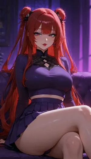 21 year old babe sitting on couch in silk goth costume with mandarin collar, flirty sultry slut, ((perfect symmetrical eyes)), dark red lipstick, blue eyeliner, purple pleated skirt crossed legs to show ass cheeks and hint of panties with futa penis bulge, (crossed legs), ((purple costume, purple room)), (((hypersaturated bright colors))), long lustrous hair, green, eyes, blue, brown, perfecteyes, <lora:PerfectEyesXL:2>