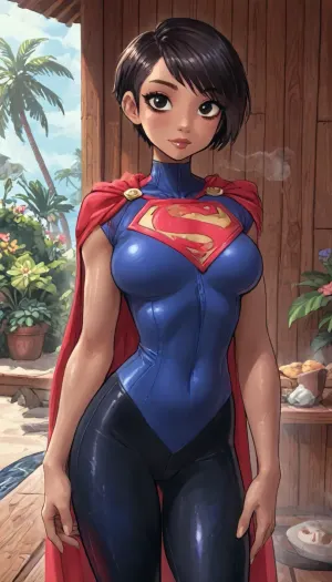 (innv meets jack cayless style), (reiq style, masterpiece, cel-shaded, limited color palette), ((Beautiful Muscles Sexy Lois lane from my adventures with superman cartoon body:1.5)), (1girl, solo, alone, 23 year old woman), ((black tanned skin:1.8)), (Korean-American female body), (black short hair Short cut pixie very short undercut hair:1.9), (gorgeous, seductive face, athletic breast, athletic body, athletic hands, athletic arms, athletic legs, slender athletic body frame), (superman full bodysuit costume:1.9), (superman pants), (standing superman pose), ((sauna, steam, summer, beach, tropical, flowers, plants, background:1.3)), ultraviolet light, LoL, Style, cute, doodle, dark, skin, <lora:LCMTurboMix_Euler_A_fix:2>, <lora:mk_Bp Anime_xl:2>, <lora:cartoon_stickers_xl_v1:2>, <lora:cutedoodle_XL-000012:2>, <lora:Darker_skin_SDXL:2>