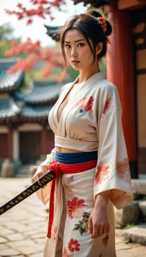 (cleavage), (toned legs), (saggy breasts), (big boobs), Street Fighter, high noon outside a shinto temple in ancient japan, beautiful woman warrior square off in katana fight, preparing to battle, (open kimono), (((cleavage))), (large natural breasts), Chun, <lora:MJ52:.9>, <lora:Chun-Li-SDXL:.4>