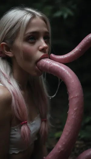 (maximum details:1.5), extreme closeup on tentacles entering a girl's mouth and keep moving inside her, keep on moving, further and further inside the girl, very cute obedient 18 yo petite girl, white hair in pigtails, in dark thick woods at night, ((bright pink seamless tentacles with pointy ends gang bang the girl:1.6)), ((oral penetration:1.9)), ((excess cum:1.5)), thick saliva threads, long white hair, extra cute, extremely pretty, bright blue eyes, cute round face and gorgeous face structure, gorgeous model face, ((wet hair)), (cinematic masterpiece), naughty aesthetic, insatiable beauty, <lora:dark:1>