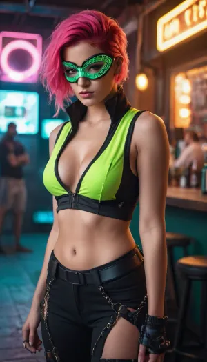 A masterpiece, of the highest quality, highly detailed, photorealistic, with sharp focucs professional photography capturing an atmosphere. 8k photo, 1woman, chunky, 23 year old girl, glowing pink hair, long hair, pawg

She is dressed in tight pants, sleeveless vest, neon green accents, Venetian masquerade style mask with bright neon colors, cyberpunk outfit.


She is in a cyberpunk setting, run down bar

Full body Shot cyberpunk