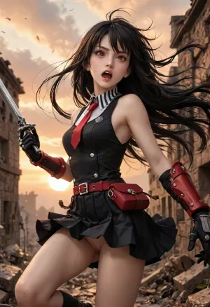 Akame, Akame ga Kill series, 36 years old, adult woman, very long hair, black hair, glowing red eyes, warry face, yelling, light skin, slim athletic build, black sleeveless pleated mini-dress, white striped collar, red necktie, red belt, red side pouch tied to belt, long red armored gauntlets, black gloves, running at full speed, falling forward, holding long shiny silver sword, wind in hair, wind in clothes, skirt lifted up, shaved pussy exposed, thigh gap, very low angle, side view, ruins, battlefield, floating particles, at sunset, orange sky
