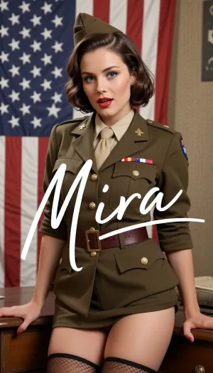 fully clothed, uniform cute, beautiful pinup woman photograph, short brown hair in 1940s style, the name Mira written in handwriting across the picture, with large expressive bright blue eyes, lusty red lipstick, sexy, ultra realistic brunette pinup girl, realistic sexy pose, patriotic propaganda, ww2 war moral poster, full body view