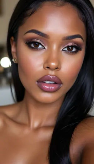 (1woman), 28 years old, ((curvy body)), Close-up girl, latin woman, curvy, ((dark skin)), ((round face)), (((brown skin))), (((full lips))), lavanda lipstick, closed mouth, lipgloss, small cute nose, standing, face, (((round medium breasts))), (((straight long black hair))), (((oiled skin))), (detailed black eyes), (((slut makeup))), .
She not looking the camera, nose earring, round earrings, (high resolution image), (perfect face), sexy, beauty, (ultra realistic:1.7), (maximum quality:1.5), (high resolution:1.7), (extreme detail:1.5), (ultra realism:1.6), 8k, he, photo was taken by Canon Eos, (maximum detailed skin:1.6), (((I was offended))), melanin, <lora:BUT_SDXL_SHS:.8>, <lora:melanin-XL:2>