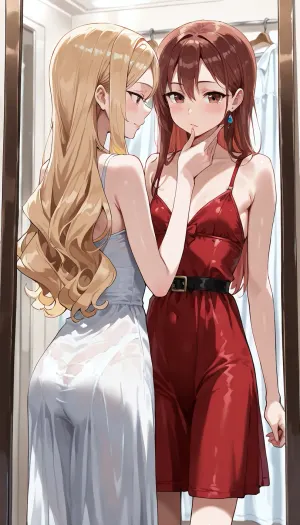 Two women, ((Chunky 23 year old girl, 157 cm tall, red brown hair, wavey long hair, small chest, pawg)), ((Skinny 25 year old, 175cm tall, blond hair, long hair, medium chest)), Both are trying on formal dresses

Together in a department store changing room trying on new clothes, the are looking in a mirror, posing together
