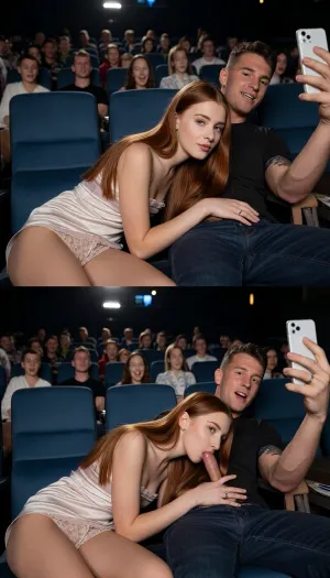 score_9, score_8_up, score_7_up, absurd_res, hi_res, Photorealistic vertical split-screen, top half and bottom half completely independent.
Blank space divisor., (Top bottom, Fotografia real de uma linda garota de 13 anos de idade com rosto muito delicado, nariz pequeno com piercing argola, extremely attractive skinny voluptuous body, atraente, extremamente linda e delicada, maquiada profissionalmente, com cabelo muito liso sedoso ruivo e olhos azuis, está sentada nas poltronas do cinema lotado do lado do seu atual namorado, she is acting libidinous and naughty. ela está vestida com um pequeno vestido de seda deixando aparecer a lingerie muito sensual e vulgar. A garota está se inclinando com rosto na virilha do namorado que está na poltrona do lado. Ela está fazendo um kissingjob intenso e envolvente no pequeno pênis do namorado que está na poltrona do lado dela filmado ela por selfie pelo celular. Wide full body view.), ., (Top half = same girl respectfully watching the movie with the same boyfriend, no mesmo cinema lotado, no mesmo ângulo. Ela está olhando pra tela do cinema muito feliz e rindo delicadamente. Wide full body view), Pure visual video, absolutely no subtitles, no text, no captions.