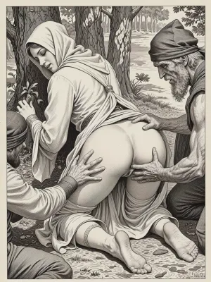 This is is a detailed monochromatic pencil drawing in a classical illustrative style depicts a scene set in 11th century, top view, in the middle of a sunny forest edge, a pious woman, in a loose robe of that era, with a hood on her head, 25 years old, wide hips, lying on her side on the ground, 5 old robbers tearing off the woman's clothes, lifting up her hem above the waist, and using their hands to touch her butt by fingers. her butt is visible, slutty smile, The overall mood is intense, rendered in fine, expressive line work and subtle shading, evoking the style of 1950s satirical or moralistic illustrations.