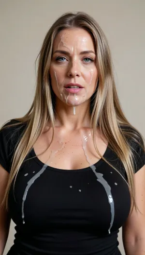 Natural side lighting, frontal view, full-body view. A 35-year-old woman—unattractive, very natural, a stay-at-home mom with coarse facial features and a long, rectangular face, the "ordinary girl-next-door" type, ((ordinary facial beauty:.3)), English-Canadian Caucasian. She has long, straight blonde hair with lighter highlights, parted slightly off-center, framing her long, rectangular face and falling onto her shoulders. Her hair is streaked with lighter strands, giving it a natural look. She has fair skin with scattered blemishes, particularly visible on her large cheeks. Her sensual, striking light-blue eyes look directly into the lens, with small bags underneath. Her eyes are slightly squinted, conveying an air of relaxed attentiveness, and are set high on her face. Her nose is straight and slender.
Her eyebrows are well-defined and a natural light-brown shade. Her mouth is slightly parted, revealing her teeth, and her lips are full and soft pink. Subtle makeup is visible, including a bit of blush and perhaps a light touch of eyeshadow.
She is wearing a fitted black short-sleeved tank top.

She is at a healthy weight but has a very generous, voluptuous figure, her opulent hourglass silhouette is prominently displayed, particularly her round, full breasts and wide, generous buttocks.

Her face is completely covered in an excessive amount of realistic, semi-transparent semen, there is a huge amount on her face, in her mouth, and in her hair. Semen runs down her bare chest from her nose and chin, and is also in her hair and eyes, a massive, milky facial ejaculation, (ejaculation on her face), her face covered in thick semen, (thick, viscous semen all over her face), an abundance of semen on her forehead and in her hair, with an excessive amount of realistic, semi-transparent, viscous semen running down her face and hair, her hair is soaked with semen from multiple excessive bukkake sessions, dripping onto the black tank top covering her chest. Large patches of milky semen in her hair, on her face, and on her body.