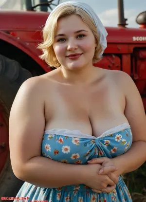 (close-up portrait), from above, ((soviet propaganda poster style, bright solid colors, minimal detail, no color gradient, old anime style)), (a plumper girl), ((very cuvy body)), chubby strong arms, in kolkhoz fields, in front of old tractor, blonde, straight bob haircut, plump russian village girl fatty, about 20 year old, short flower print sundress, soft hands, fingers, white kerchief on head, shy smile, ((fat sagging cleavage)), <lora:style_lora_realis:.5>, plump, skindentation, chubby, bbw, venus, big, <lora:Chubby BBW - XL:.8>