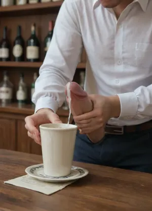 A wide front shot of a coffee bar. A fully clothed ginger irish 18 year old in a white business shirt is sitting at a table. Standing right next to her, a completely naked man is positioning his erect penis directly above her white porcelain cup. A stream of white semen is actively flowing and dripping directly from the glans of the penis down into the inside of the cup. Extreme close-up interaction on the cup, showing the fluid landing inside it. Both subjects are side by side in the frame