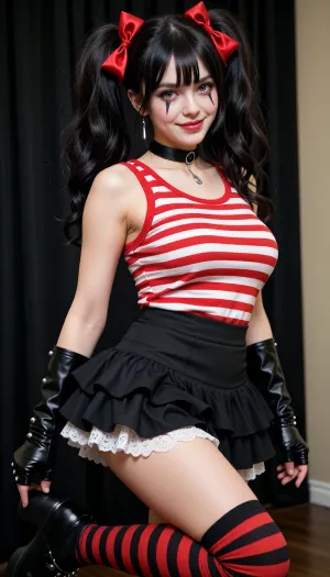 (((Giant massive breasts:1.5))), full body shot, eye-level portrait photography, of an exceptionally beautiful 20-year-old woman with a hyper-cute face, slender round chin, and a playful mischievous sweet smile. She has incredibly voluminous, thick jet-black hair styled into two fluffy, high-set hip-long pigtails tied with large bright red satin ribbon bows, with thick straight-cut bangs framing her face. She is posing in front of a neutral solid dark black curtain background. She is standing on one leg while playfully lifting her other leg up behind her at a 90-degree angle, tilting her head with a captivating, cute, highly expressive gaze. She features large, perfectly symmetrical doe eyes with detailed irises and realistic highlights. She is wearing professional goth clown face paint, her entire face is painted, (((full-coverage makeup, pure, bright clown white with a soft, faint pastel pink blush visible on her cheeks. On the tip of her nose is a small bright red clown dot:1.5))), Neatly painted around her eyes are delicate, sharp black vertical triangles, and she wears glossy black lipstick. She is fully clothed, wearing a thick, solid red and white horizontally striped cotton tank top that completely covers her upper torso, paired with a high-waisted, extremely fluffy and layered ruffled black skater mini skirt with a visible white ruffled lace petticoat peeking out from underneath. She wears matching over-the-knee socks with thick horizontal red and black stripes. Accessorized with a pair of short fingerless black leather punk driving gloves adorned with small silver metallic studs on the back, a thick black leather choker with a fine leather string with a silver pendant, and long silver dangle earrings. Soft warm indoor lighting, sharp focus from head to toe, highly detailed fabric and makeup textures, photorealistic, 8k resolution