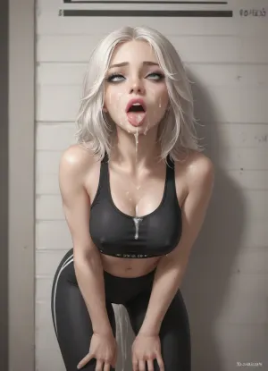 score_9, score_8_up, score_7_up, score_6_up, 1girl, busty sporty college student, standing up, leaning back against the wall, hips forward, legs spread, hands between legs, blond hair in pony tail, pink lipstick, large lips, realistic face, pierced nipples, erect nipples, detailed, ahegao, rolled eyes, tongue, mugshot, front view, lots of cum in hair, cum-covered face, lots of cum dripping from face on to cleavage, dark sports bra, leggings, white highlights, orgasmface, <lora:MJ52:1>, <lora:orgasmface_SDXL:.8>
