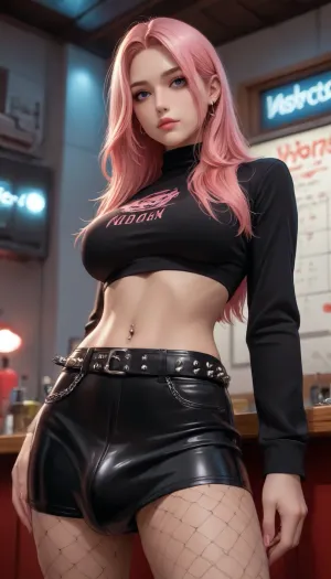 Reiq style, (photorealistic), (masterpiece), (photography), (realistic skin texture), (professional lighting), old American diner, bottom view, alluring woman, 90s style, 90s Aesthetics, emo 1Futanari with, (penis bulge), big breasts, black and pink emo hair, long hair with bang, ((pink checkerboard hot pants)), low waist wide hips, closed mouth, stripped pink and black shirt, holding, jewelry, long hair, midriff, (navel black piercing), solo. Pink checkerboard belt, eyeliner, chains, emo style, fishnet top, spikes, Neon pink, Night, page, <lora:Late_90s_Japanese_Urban_Fashion:1>, <lora:Diner-000005:1.8>, <lora:Neon Night:2>