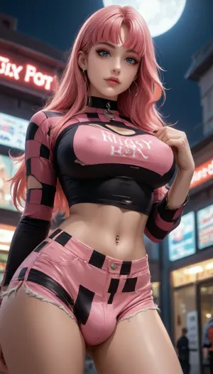 Reiq style, (photorealistic), (masterpiece), (photography), (realistic skin texture), (professional lighting), old American diner, bottom view, ((up close view, penis bulge from focus)), alluring woman, 90s style, 90s Aesthetics, emo 1Futanari with, (penis bulge), big breasts, black and pink emo hair, long hair with bang, ((very tight pink checkered hot pants)), low waist wide hips, closed mouth, stripped pink torn shirt, midriff, (navel black piercing), solo, eyeliner, emo style, fishnet top, Neon pink, Night, page, <lora:Late_90s_Japanese_Urban_Fashion:1>, <lora:Diner-000005:1.8>, <lora:Neon Night:2>