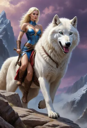 (((fantasy art, fantasy setting, medieval entourage, mystique atmosphere), (in Boris Vallejo art style), bright solid colors, minimal detail, no color gradient, old anime style, low details)), each color is solid and separated from the other by a thin line of a darker shade, (saturated bright colors, high definition image, high contrast colors), oil painting.

beautiful female viking warrior, hard body nordic beauty, riding on large white dire wolf in dark rocky mountains, purple-blue sky, ((white wolf:1.4), long white fur, powerful clawed paws, fanged mouth)
