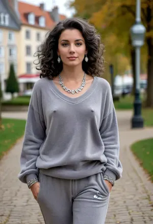 (masterpiece, best quality:1.2), 1 35yo woman, famous influencer, focus on her ample breasts swaying as she walks, (she wears a heather grey colored oversized velour sweater with logo on left breast and sweatpants:1.4), outdoors in bohemian spa town Karlovy Vary, long curly black hair, (styled with 3 diamond necklaces, earrings and diamond bracelet:1.4), bright blue eyes, photorealism, clothes, bustysophie, <lora:style_lora_realis:.5>, <lora:bustysophie_xl_v1.1:.5>
