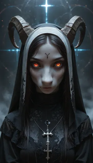 pale demon girl, prismatic coloring, holographic vibe, chromatic black lace blouse, gothic background, (long straight horns:1.2), beautiful girl, detailed face, nun, <lora:xl_yamer_style-3.0:1.3>, <lora:cfg_scale_boost:.8>, <lora:Dark Nun (Pony):.8>