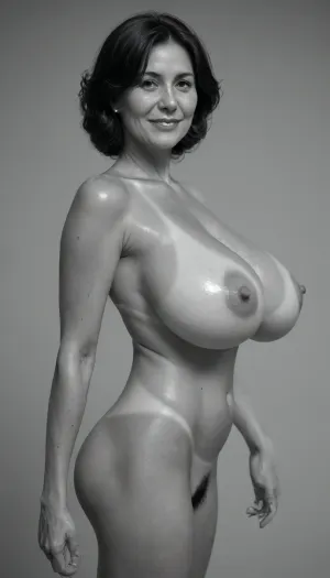 ((This is a detailed monochromatic pencil drawing style 1950s)), (((black and white, no colors))), (((styl Robert Doisneau:1.4))), photorealistic masterpiece, side view, (milf:1.6), erotic pose, (slim body:1.4), naked, very hairy crotch, (tanlines:1.5), (shiny skin:1.4), (massive breasts:1.3), smiling seductively, brown skin, standing casually, legs spread, wide hips, hips widest over trochanters, narrow waist, (sagging breasts:1.2), dark brown areolae, detailed face
