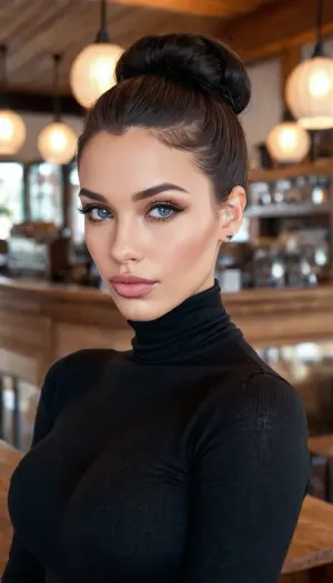 faceshot, close-up profile, 20 year old waitress looking down on viewer friendly, (afro-european), seamless brown skin, lithe skinny bodyshape, updo black hair, black turtleneck pullover, no lipstick, bimbo infladed-lips, solid pullover waitress uniform, duckface, modest casual clothes, goth, large swell of her breasts, half body view, forearm tattoo, elgant face, bimbo-goth, very full lips, hyper-lips, pretty young, perfect face, dimple smirk, pursing her wide lips, friendly eyes, clear bright-blue eyes, shimmering realistic eyes, cute, closeup, lithe body, half body photo, beautiful face, Background is a cozy modern cafe., <lora:Nude_Lips:.5>, <lora:ThePitXL:1>