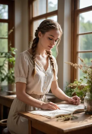 Professional shot of a beautiful young woman creating a herbarium in a botanical studio during a warm spring afternoon, she sits gracefully at a large wooden table covered with pressed flowers, dried plants, vintage botanical sketches, scissors, notebooks and glass jars, carefully arranging delicate leaves into an open herbarium book with focused attention and a soft sensual smile, totally nude, an elegant, natural feminine beauty, long french braided hair softly illuminated by golden sunlight coming through large windows, relaxed legs, artistic and intimate atmosphere, fresh wildflowers and hanging plants surrounding the room, sunlight beams, storytelling composition suggesting curiosity, creativity and quiet passion, beautiful realistic facial features, natural skin texture, organic lighting, soft warm highlights, botanical aesthetic, elegant sensuality