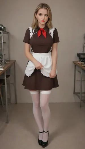 Woman 25 years old, tall, slim figure, big breasts, pretty face, blonde, long square, red lips, blue eyes, Soviet school uniform 1980, ((dark brown dress, white big direct apron, apron with cables)), pioneer tie, white stockings, red high-heeled shoes, school class, super realism, high quality picture, high definition detail, suxl, pionyrs, shirt, neckerchief, skirt, sash, badge, <lora:suxl:1.6>, <lora:pionyrka:.1>, <lora:XDetail_light:1.4>, green, eyes, blue, brown, perfecteyes, <lora:PerfectEyesXL:.8>, skirtlift, <lora:skirtlift_xl:.8>