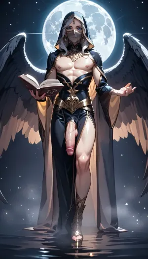 Create a porttrait of The Dark Angel, A tall, ethereal female spirit standing beneath a pale moon, her form partially transparent, her gargantuan futa-penis is visible, (futa-cock), soft light passing through her body and wings. She appears half‑real, half‑spirit, edges dissolving gently into thick mist. Long flowing hair drifting weightlessly, a faint inner glow beneath her skin, like moonlight trapped inside her. Her wings are translucent shadow, fading into the night air. She holds a large open book made of shadow‑light, its pages glowing faintly with runes, symbols and soft mist rising from the text. Her eyes reflect the glow of the book, faintly luminous. Her posture is calm and purposeful as she reads. The gown is made of thin, luminous fabric that becomes mist at the edges. A translucent shroud draped over her form, delicate as mist, faintly textured like fine silk or dew‑woven threads. The book beneath glows softly, its light diffusing upward through the veil, illuminating her face. The veil catches faint moonlight at its edges, revealing her silhouette but never her skin. The fabric darkens toward the hem, moon‑graphite tones. She stands with balanced, natural posture — relaxed shoulders, gentle torso twist, weight resting lightly on one leg, she appears to float, in a quiet, moonlit clearing surrounded by drifting fog, the environment subtly visible through her silhouette. Soft, spectral, serene, otherworldly.

cinematic lighting, soft diffusion, pale cool tones, moonlit glow, gentle rim‑light, atmospheric depth, delicate highlights, dreamlike realism, painterly detail, subtle motion in the mist

full‑body view, centred figure, soft focus background, faint light rays, drifting particles, calm posture, slight forward lean, wings spread softly

colour palette of moon‑grey, charcoal mist, desaturated blue‑black tones, no pure white, soft reflective highlights like moonlight on dark silk, translucent greys instead of bright whites, subtle cool undertones, luminous shadows rather than bright glow, (Cartoony), thick, outlines, 1boy, masculine, male, focus, <lora:V2 CartoonyMen:.8>