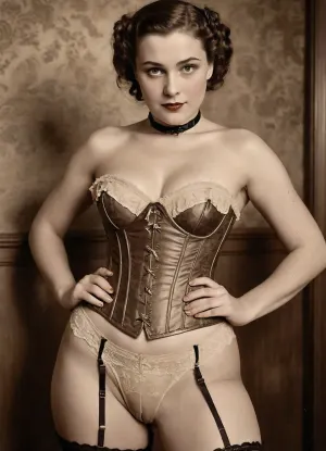NaughtyPostcard, A stout lady from the early 20th century, a hairy pussy, corset, and garter belt., sepia, <lora:NaughtyPostcard:1>, stretch, marks, <lora:stretch_marks:.8>, BigMuff, <lora:BigMuff:.8>
