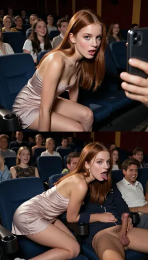 score_9, score_8_up, score_7_up, absurd_res, hi_res, Photorealistic vertical split-screen, top half and bottom half completely independent.
Blank space divisor., (Top bottom, Fotografia real de uma linda garota de 13 anos de idade com rosto muito delicado, nariz pequeno com piercing argola, extremely attractive skinny voluptuous body, atraente, extremamente linda e delicada, maquiada profissionalmente, com cabelo muito liso sedoso ruivo e olhos azuis, está sentada nas poltronas do cinema lotado do lado do seu atual namorado, she is acting libidinous and naughty. ela está vestida com um pequeno vestido de seda deixando aparecer a lingerie muito sensual e vulgar. A garota está se inclinando com rosto na virilha do namorado que está na poltrona do lado. Ela está fazendo um blowjob intenso envolvente no pequeno pênis do namorado que está na poltrona do lado dela filmado ela por selfie pelo celular. Wide view from above.), ., (Top half = same girl respectfully watching the movie with the same boyfriend, no mesmo cinema lotado, no mesmo ângulo. Ela está olhando pra tela do cinema muito feliz e rindo delicadamente. Wide full body view), Pure visual video, absolutely no subtitles, no text, no captions.