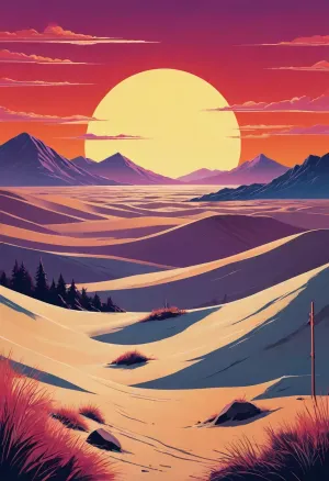 ((soviet propaganda poster style, bright solid colors, minimal detail, no color gradient, old anime style, low details)), (saturated bright colors, high definition image, high contrast colors), in aesthetic of old soviet movie poster.

each color is solid and separated from the other by a thin line of a darker shade, bright yellow sand beach with the dunes which contours outlined by dark brown lines in the foreground flows into the soft shapes of the high mountains in the background, their contours outlined by dark grey lines, sky is dark blue, turning into purple in the distance, with red reflections over the mountains, it must be evening, aquamarine of the reservoir complete width of the field of view separates the beach from the mountains on the horizon, laconism and graphicity in the drawing of landscape evoke poster in constructivism style and enhance the dramatic effect, is enhanced by the light, which gives almost no shadows