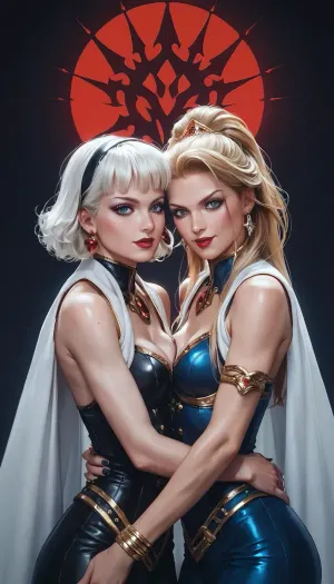 2Females Skeletor and Evil-Lyn, from 90s Masters of the universe, cinematic, intricate details, UHD, 32K