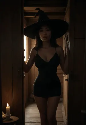 (Asian girl:1.8), (candle lit cabin:1.7), (black witch hat and short silk dress:1.5), (:1.5), (voluptuous:1), (large lips:1.3), (large werewolf enters doorway:1.5), (:1.7), (:1), <lora:dark:2>