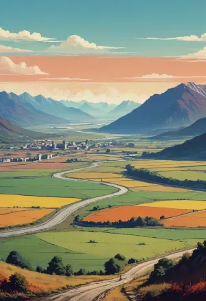 ((soviet propaganda poster style, bright solid colors, minimal detail, no color gradient, old anime style, low details)), (saturated bright colors, high definition image, high contrast colors), in aesthetic of old soviet movie poster.

View from low hill of waste plain stretching to horizon, mountains on the horizon, country road from hill to mountains, passing small castle far below on plain near mountains, road has bridge across narrow river flowing from left to right of plain, (view from distance, view from afar:1.6)