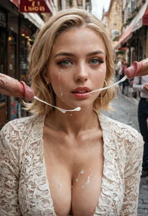 Ultra realistic, 4K, real, (only one girl), Beautiful 20y.o. fully clothed blonde Italian student sitting in the street restaurant of the small Italian city, she has perfect smooth face, beautiful dark makeup, ideal supermodel face and skin. She's shocked and irritated by unexpected cumshot cum stream in the face., (((She recoiled sharply from the cumshot with her face showing absolute surprise))), ., (Very frowned irritated face with almost crying watery eyes:1.2), (((Twelve tiny short dicks pointed at her face))), super small little cocks are cumming on her, huge public_bukkake, huge and thick cum drops leaking down her perfect face
