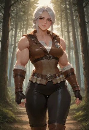 masterpiece, best quality, absurdres, newest, highres, very aesthetic, 1girl, solo, mature female, adult, ciri, (the witcher), the witcher 3, cirilla fiona elen riannon, ashen hair, white hair, messy ponytail, green eyes, scar on cheek, beautiful detailed eyes, muscular female, bodybuilder, (muscular female:1.35), (huge biceps:1.25), (six pack:1.2), thick arms, huge biceps, defined deltoids, vascular arms, six pack, abs, wide shoulders, thick neck, powerful thighs, toned, veins, medium breasts, narrow waist, brown leather jacket, white shirt, dark trousers, leather boots, fingerless gloves, swallow brooch, standing, confident pose, looking at viewer, slight smirk, outdoors, forest, dusk, cinematic lighting, rim light, detailed background, intricate details, highly detailed, detailed face, detailed eyes, detailed muscles