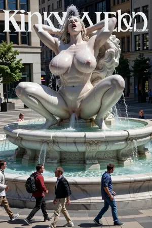 (((drawing sketch))), Magazine, "Kinky John" A large, ornate marble fountain is the centerpiece of a modern, sunlit city plaza. The fountain's design is a shocking and explicit tableau of a massive, voluptuous woman. This statue is carved from pristine white marble, Her body is glistening with a thick sheen of sweat, her massive, heavy breasts rising and falling with her heavy breathing. The woman throes of ecstasy, her head thrown back, her mouth open in a silent scream of pleasure. Her hands behind her head, Squating, whole nody shot, The water splashes and cascades, creating a dynamic and audacious display.`

angle is a high shot, capturing the entire shocking structure. In the foreground, dressed city pedestrians are walking by, some pointing in shock, others laughing. The lighting is bright daylight, casting sharp reflections on the wet marble and the splashing water, contrasting the classical beauty of the sculpture with its raw, transgressive subject matter.`