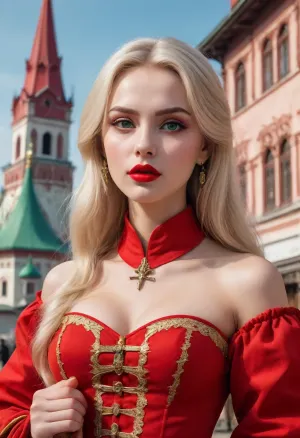 ((soviet propaganda poster style, bright solid colors, minimal detail, no color gradient, old anime style, low details)), (saturated bright colors, high definition image, high contrast colors), in aesthetic of old soviet movie poster.

young slender bitch, ash-coloured blonde, pretty slavic face, charming, hot, green eyes, red puffy lips, scornful sneer, gorgeous figure, 16th century Russian dress, (full-length image:1.2), (fantasy art, artwork:1.5), (sharp lines, flat colors:1.6), in winter, medieval russian village with white kremlin in background